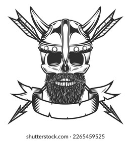 Viking skull with mustache and beard in horned helmet with hunting arrow in monochrome style with design element for label or sign and emblem isolated vector illustration