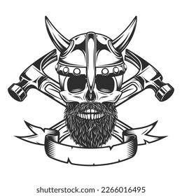 Viking skull with mustache and beard and horned helmet builder crossed hammers from new construction and remodeling house business in monochrome vintage style illustration