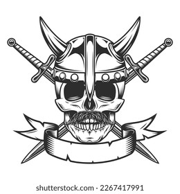 Viking skull with mustache in horned helmet and crossed sword Isolated on white background monochrome illustration