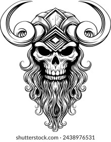 A Viking skull skeleton warrior or barbarian gladiator man mascot face looking strong wearing a helmet. In a retro vintage woodcut style.
