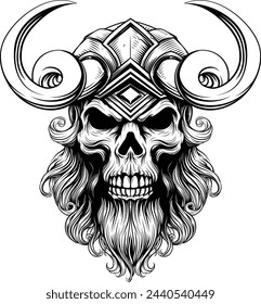 A Viking skull skeleton warrior or barbarian gladiator man mascot face looking strong wearing a helmet. In a retro vintage woodcut style.

