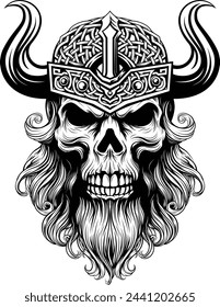 A Viking skull skeleton warrior or barbarian gladiator man mascot face looking strong wearing a helmet. In a retro vintage woodcut style.
