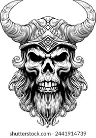 A Viking skull skeleton warrior or barbarian gladiator man mascot face looking strong wearing a helmet. In a retro vintage woodcut style.
