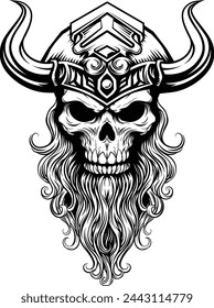 A Viking skull skeleton warrior or barbarian gladiator man mascot face looking strong wearing a helmet. In a retro vintage woodcut style.
