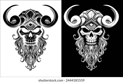 A Viking skull skeleton warrior or barbarian gladiator man mascot face looking strong wearing a helmet. In a retro vintage woodcut style.
