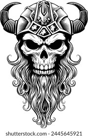 A Viking skull skeleton warrior or barbarian gladiator man mascot face looking strong wearing a helmet. In a retro vintage woodcut style.
