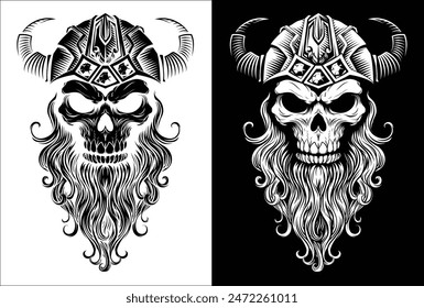 A Viking skull skeleton warrior or barbarian gladiator man mascot face looking strong wearing a helmet. In a retro vintage woodcut style.
