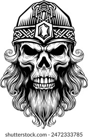 A Viking skull skeleton warrior or barbarian gladiator man mascot face looking strong wearing a helmet. In a retro vintage woodcut style.
