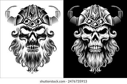 A Viking skull skeleton warrior or barbarian gladiator man mascot face looking strong wearing a helmet. In a retro vintage woodcut style.
