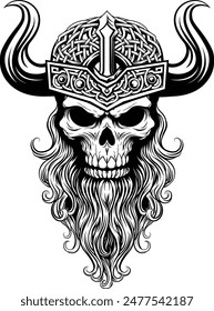 A Viking skull skeleton warrior or barbarian gladiator man mascot face looking strong wearing a helmet. In a retro vintage woodcut style.
