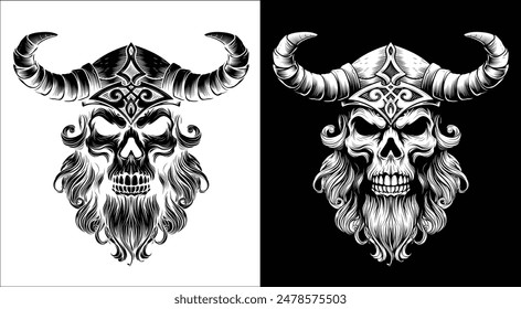 A Viking skull skeleton warrior or barbarian gladiator man mascot face looking strong wearing a helmet. In a retro vintage woodcut style.
