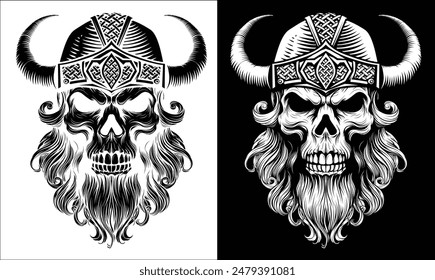 A Viking skull skeleton warrior or barbarian gladiator man mascot face looking strong wearing a helmet. In a retro vintage woodcut style.
