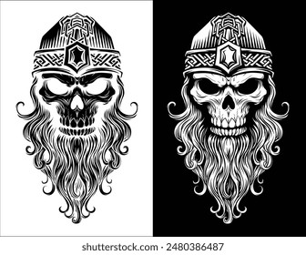 A Viking skull skeleton warrior or barbarian gladiator man mascot face looking strong wearing a helmet. In a retro vintage woodcut style.
