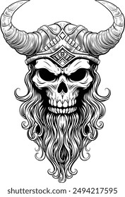 A Viking skull skeleton warrior or barbarian gladiator man mascot face looking strong wearing a helmet. In a retro vintage woodcut style.
