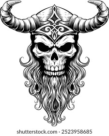 A Viking skull skeleton warrior or barbarian gladiator man mascot face looking strong wearing a helmet. In a retro vintage woodcut style.
