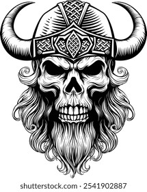 A Viking skull skeleton warrior or barbarian gladiator man mascot face looking strong wearing a helmet. In a retro vintage woodcut style.
