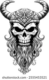 A Viking skull skeleton warrior or barbarian gladiator man mascot face looking strong wearing a helmet. In a retro vintage woodcut style.
