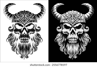 A Viking skull skeleton warrior or barbarian gladiator man mascot face looking strong wearing a helmet. In a retro vintage woodcut style.
