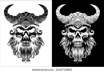 A Viking skull skeleton warrior or barbarian gladiator man mascot face looking strong wearing a helmet. In a retro vintage woodcut style.
