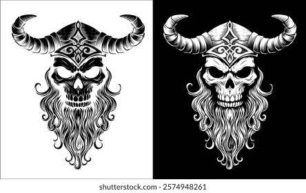 A Viking skull skeleton warrior or barbarian gladiator man mascot face looking strong wearing a helmet. In a retro vintage woodcut style.
