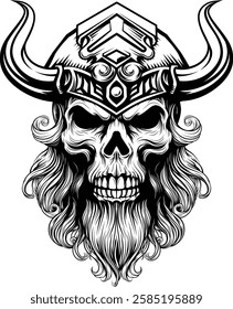 A Viking skull skeleton warrior or barbarian gladiator man mascot face looking strong wearing a helmet. In a retro vintage woodcut style.
