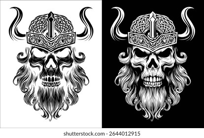 A Viking skull skeleton warrior or barbarian gladiator man mascot face looking strong wearing a helmet. In a retro vintage woodcut style.
