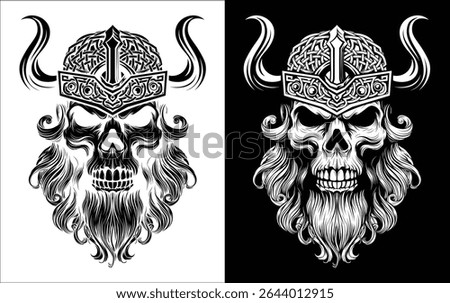 A Viking skull skeleton warrior or barbarian gladiator man mascot face looking strong wearing a helmet. In a retro vintage woodcut style.
