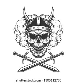 Viking skull in smoke cloud with crossed swords in vintage monochrome style isolated vector illustration