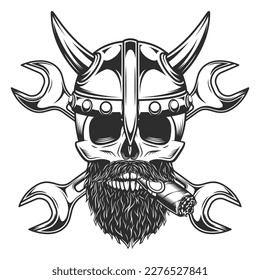 Viking skull smoking cigar or cigarette witn mustache with beard in horned helmet and construction builder plumbing wrench or repair car and truck mechanic tool crossed spanner vintage illustration