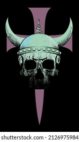 Viking skull t-shirt design on a large medieval cross isolated on black. Poster 