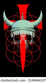 Viking skull t-shirt design on a large medieval cross isolated on black. Poster