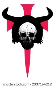 Viking skull t-shirt design on a large red medieval cross isolated on white. vector illustration for themes of medieval wars.