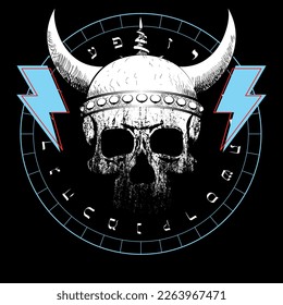 Viking skull t-shirt design with thunder and letters of the Hebrew alphabet isolated on black