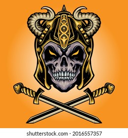 Viking Skull Warrior with Sword Vector illustrations for your work Logo, mascot merchandise t-shirt, stickers and Label designs, poster, greeting cards advertising business company or brands.