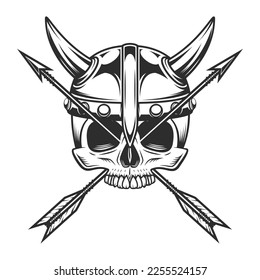 Viking skull without jaw and horned helmet   vintage hunting arrow in monochrome style isolated vector illustration  Design element for label sign   emblem
