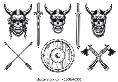 Viking Skulls Set. Medieval Warrior Heads In Horns Helmets With Swords And Axes. Vector Illustrations Collection For Role Play, Demon Or Evil Concept, Tattoo Template