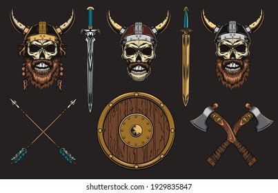 Viking skulls set. Medieval warrior heads in horns helmets with swords and axes. Vector illustrations collection for role play, demon or evil concept, tattoo template