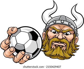 A viking soccer football sports mascot cartoon character holding a ball 