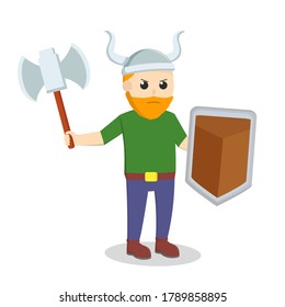escudo de soldados vigilia y personaje de diseño de hacha sobre fondo blanco