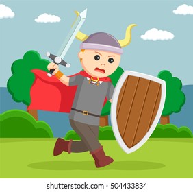 viking soldier wield shield and sword