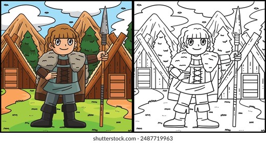 Vikingo con lanza para colorear ilustración de página