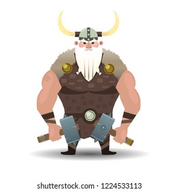 Viking standing in a helmet with hammers

