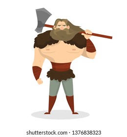 Viking standing. Warrior with an axe weapon. Strong angry man with big muscle in armor. Isolated vector cartoon illustration