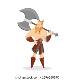 Viking standing. Warrior with a big weapon. Strong angry man with big muscle in armor. Isolated vector cartoon illustration