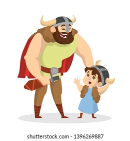 Viking standing. Warrior with a weapon. Strong man with big muscle in armor standing with a little child. Isolated vector cartoon illustration