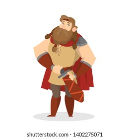Viking standing. Warrior with a weapon. Strong man with big muscle in armor and red cloak. Isolated vector cartoon illustration