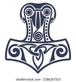 Viking style design. Thors hammer - Mjolnir and the Scandinavian ornament, isolated on white, vector illustration svg