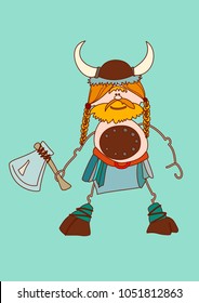 Viking. Stylized charactert. Holds an ax in his hand. A warrior with a beard. Helmet with horns