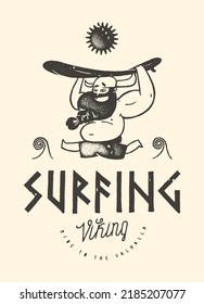 Viking surfing. Funny fat bearded man in horn helmet running with a surfboard on his head. Funny surfing character silkscreen t-shirt print vector illustration.