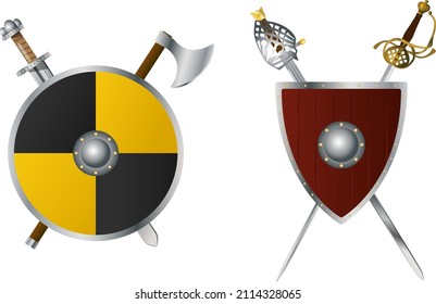 Espada de vikingo, hacha y escudo, escudo renacentista y dos gránulos, ilustración vectorial. Concepto coloreado para icono, emblema, signo.